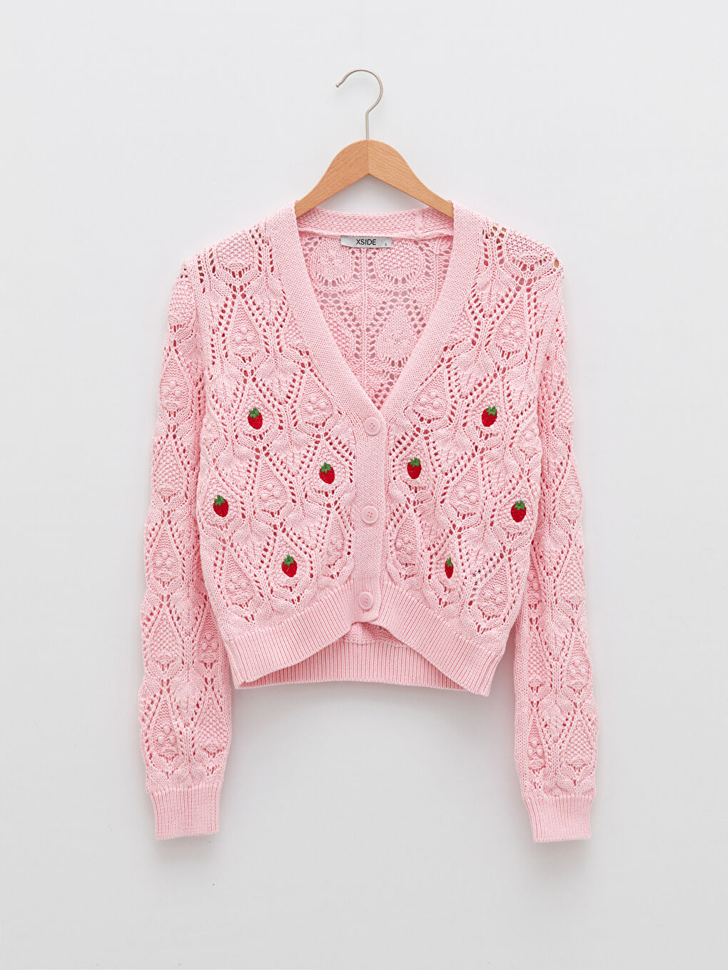 Pembe V Yaka Nakışlı Uzun Kollu Kadın Triko Hırka-5