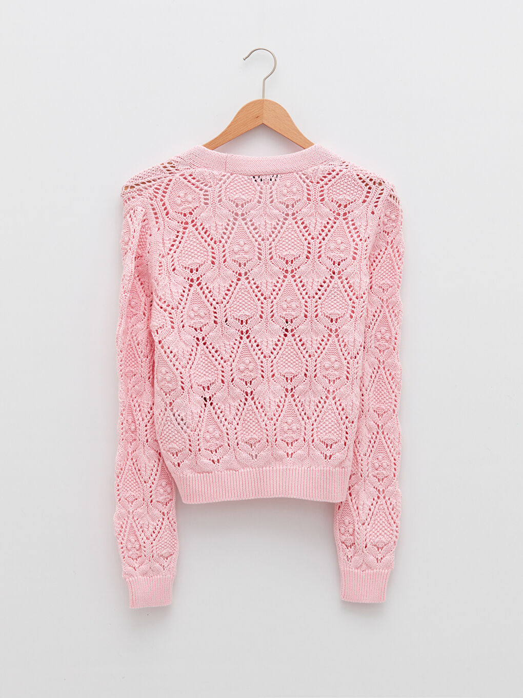 Pembe V Yaka Nakışlı Uzun Kollu Kadın Triko Hırka-6