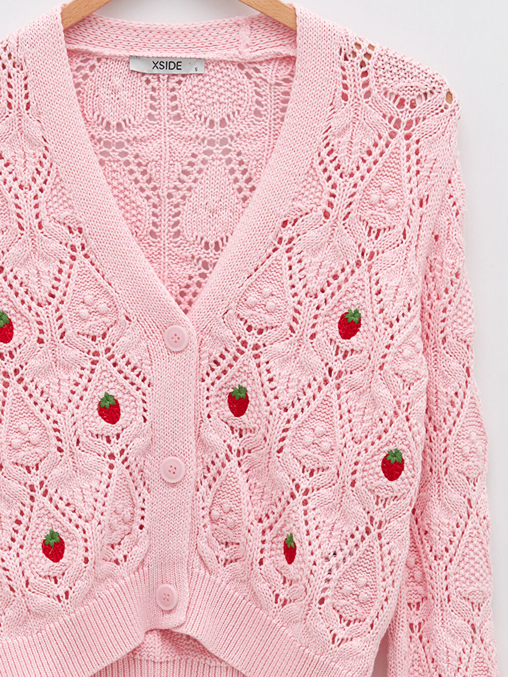 Pembe V Yaka Nakışlı Uzun Kollu Kadın Triko Hırka-7