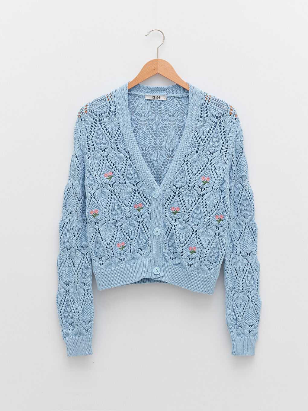 Mavi V Yaka Nakışlı Uzun Kollu Kadın Triko Hırka-5