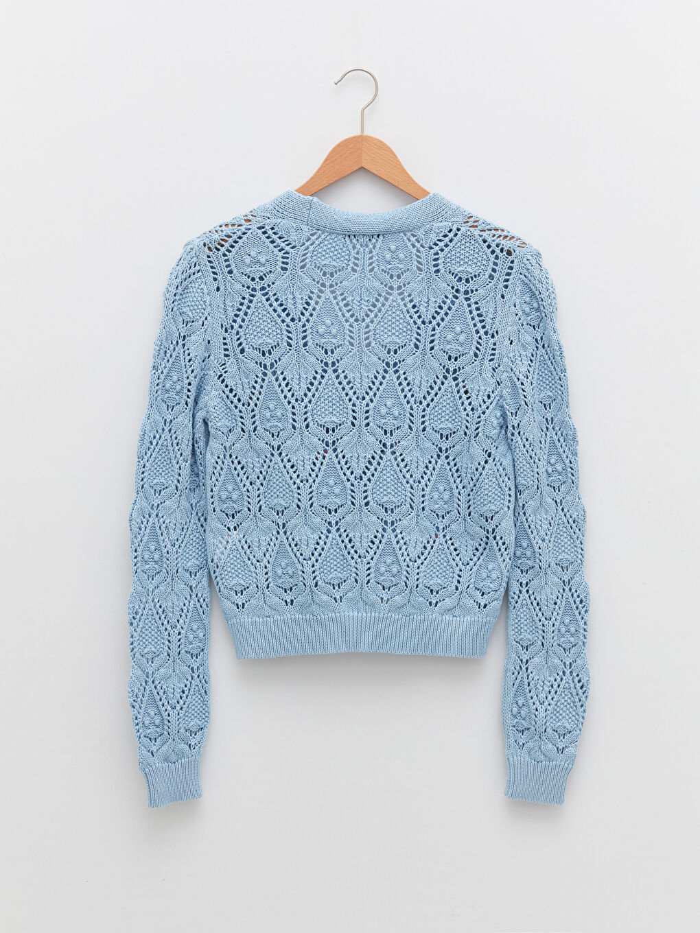 Mavi V Yaka Nakışlı Uzun Kollu Kadın Triko Hırka-6