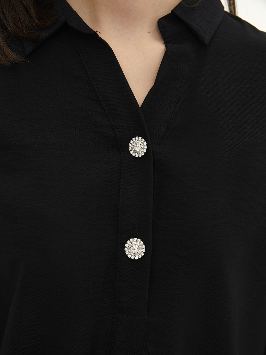 Siyah Gömlek Yaka Düz Uzun Kollu Kadın Bluz-3