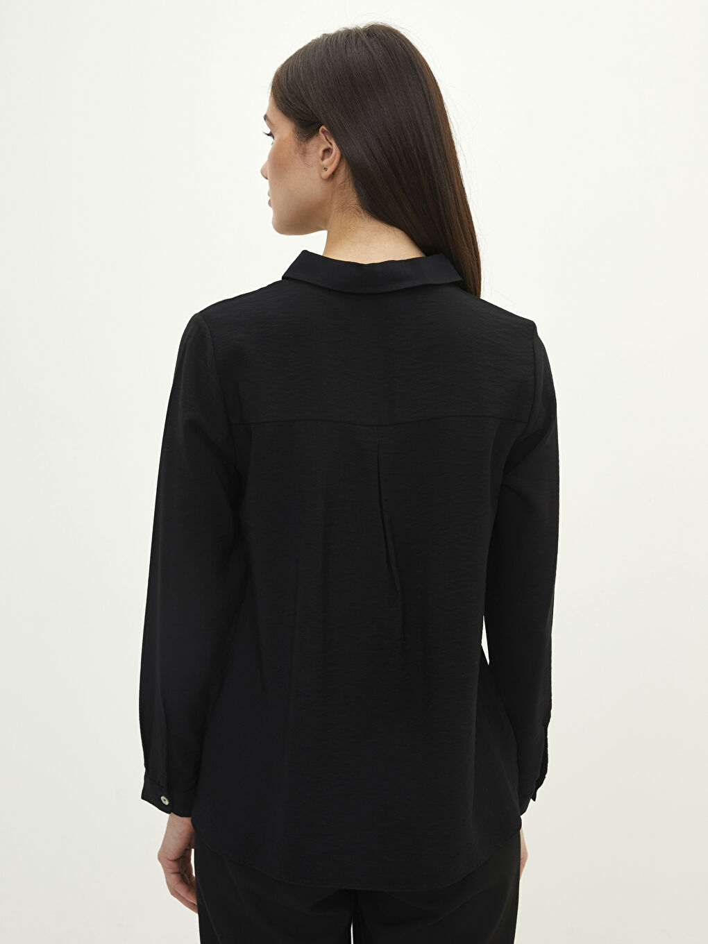 Siyah Gömlek Yaka Düz Uzun Kollu Kadın Bluz-4