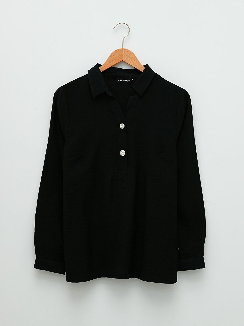 Siyah Gömlek Yaka Düz Uzun Kollu Kadın Bluz-5