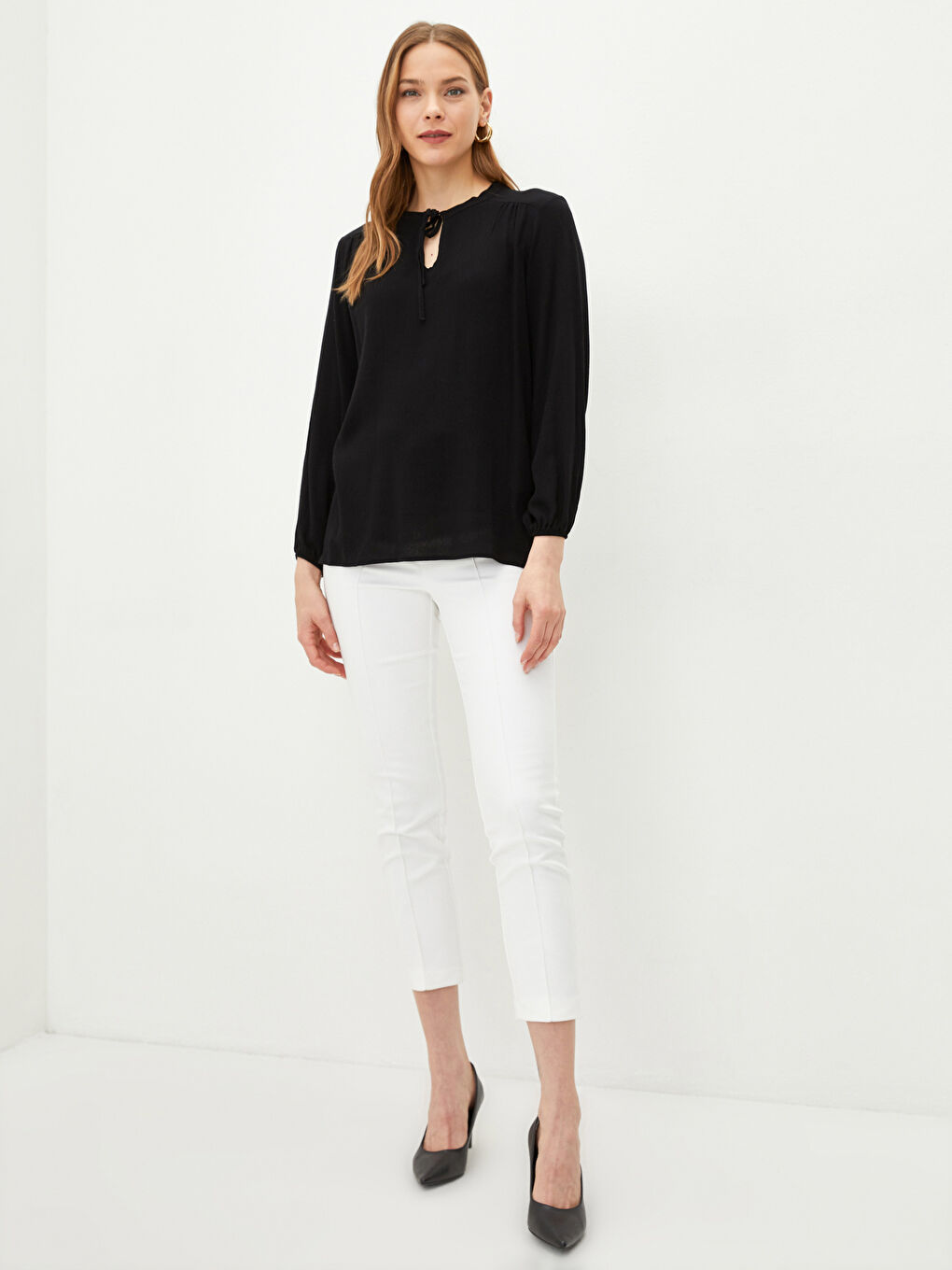 Tie Neck Regular Long Sleeve Viscose Women's Blouse-1