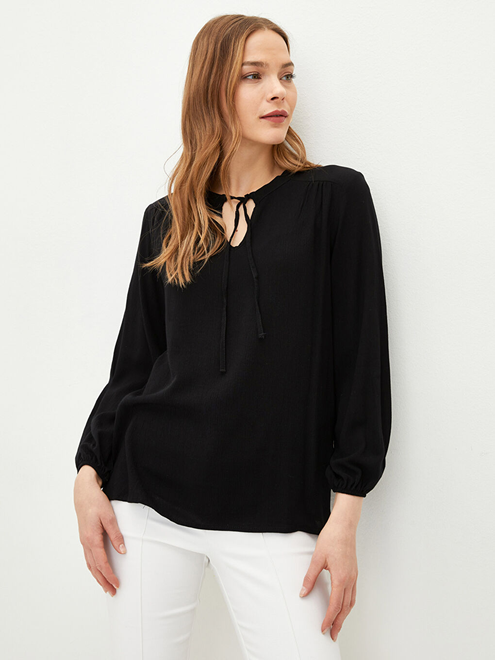 Tie Neck Regular Long Sleeve Viscose Women's Blouse-2