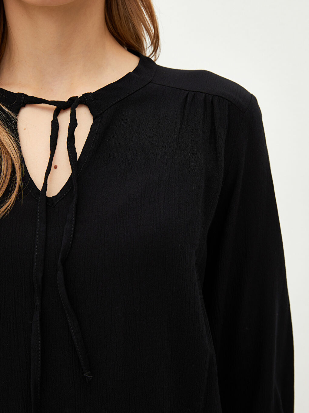 Tie Neck Regular Long Sleeve Viscose Women's Blouse-3