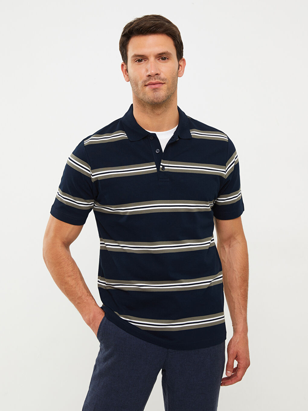 Polo Neck Short Sleeve Striped Pique Men's T-Shirt-2