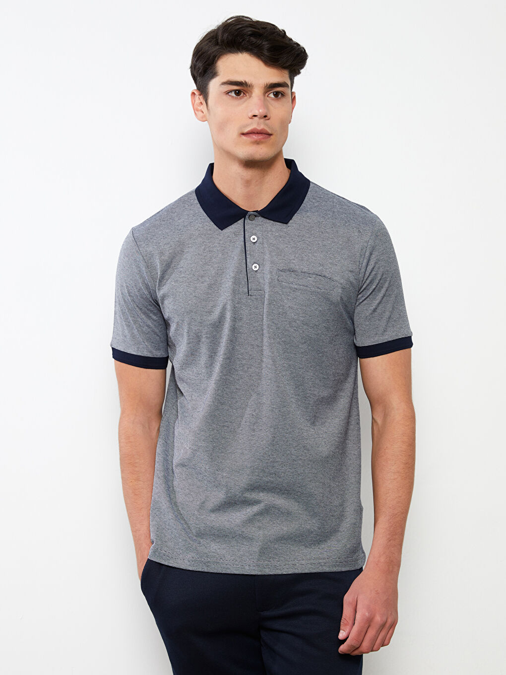 Lacivert Polo Yaka Kısa Kollu Penye Erkek Tişört-1