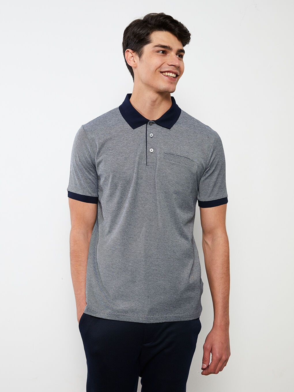 Lacivert Polo Yaka Kısa Kollu Penye Erkek Tişört-2