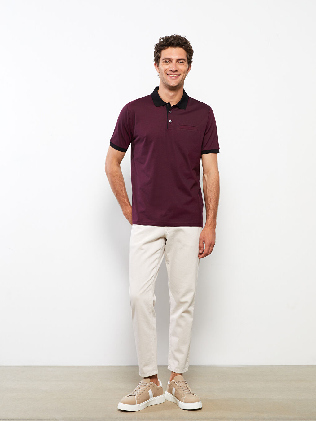 Bordo Polo Yaka Kısa Kollu Penye Erkek Tişört