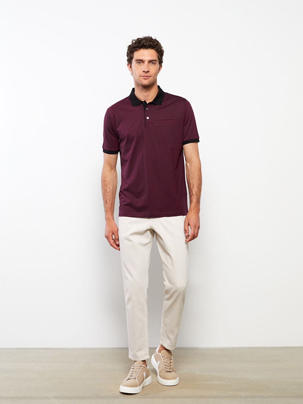 Bordo Polo Yaka Kısa Kollu Penye Erkek Tişört-1