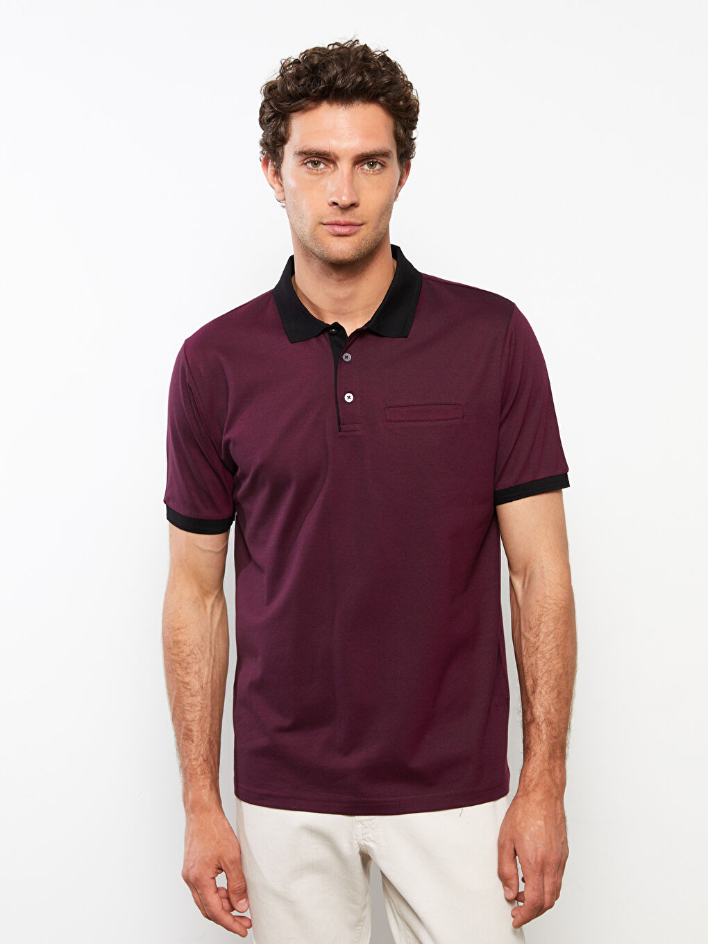 Bordo Polo Yaka Kısa Kollu Penye Erkek Tişört-2