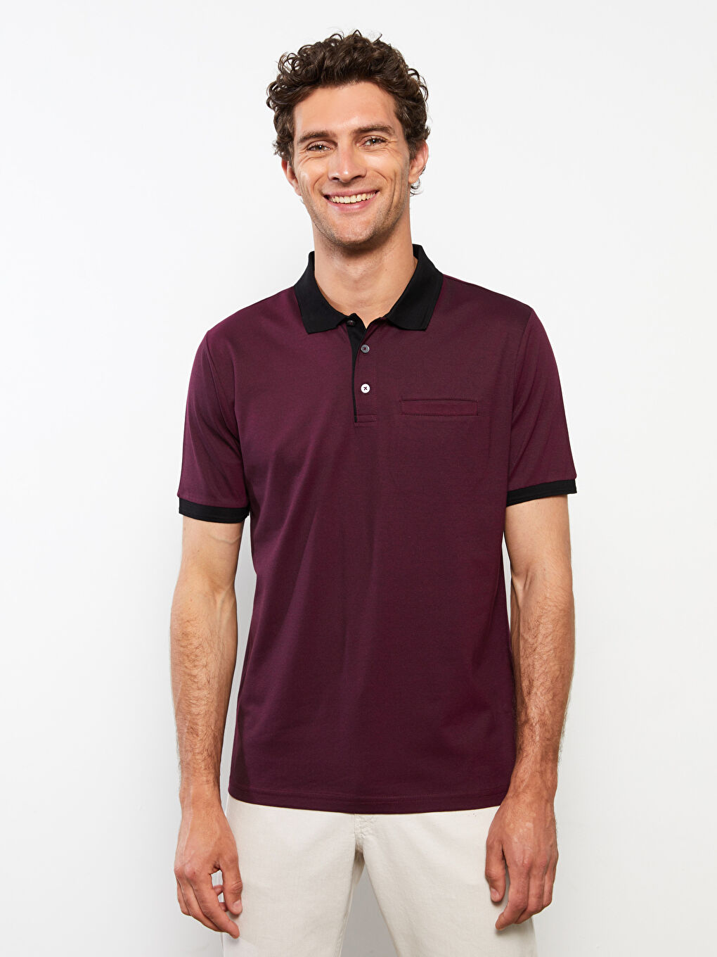 Bordo Polo Yaka Kısa Kollu Penye Erkek Tişört-3