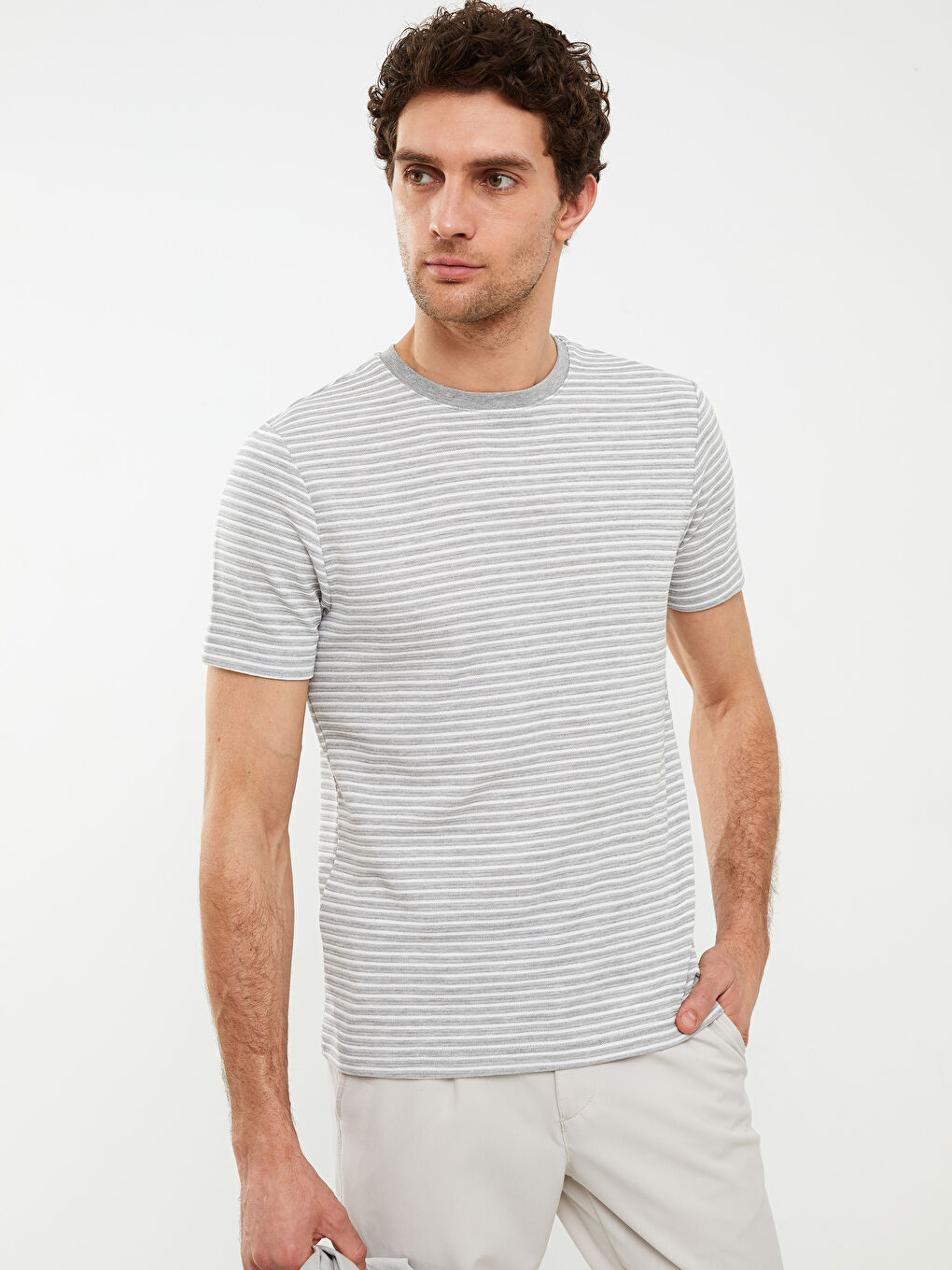 Gri Bisiklet Yaka Kısa Kollu Çizgili Erkek Tişört-1
