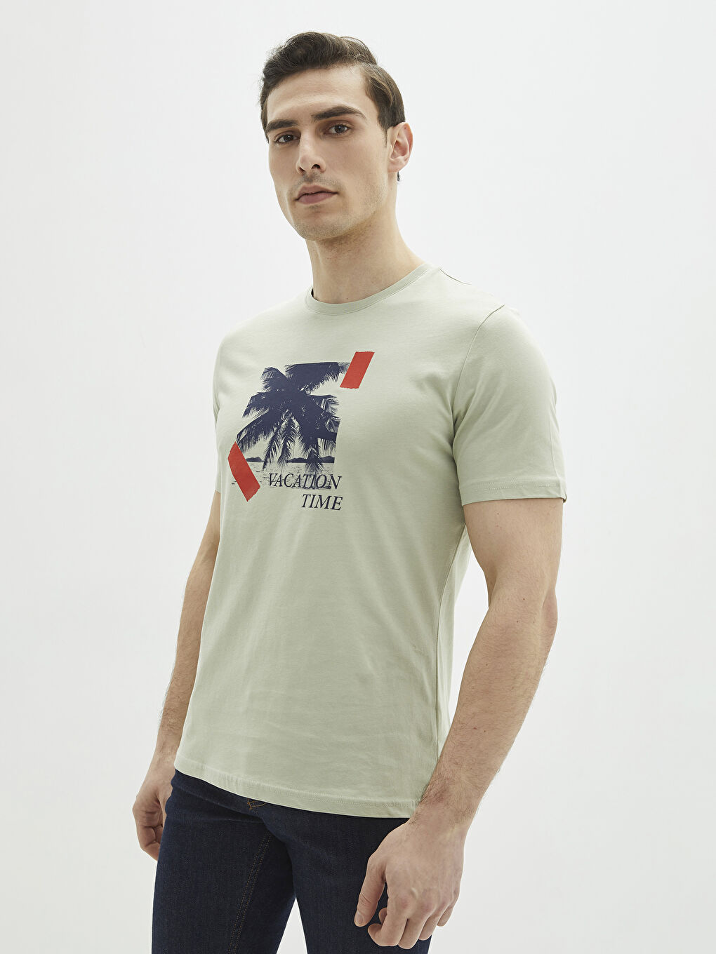 Yeşil Bisiklet Yaka Kısa Kollu Baskılı Erkek Tişört