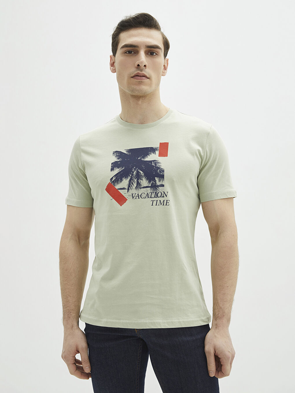 Yeşil Bisiklet Yaka Kısa Kollu Baskılı Erkek Tişört-1