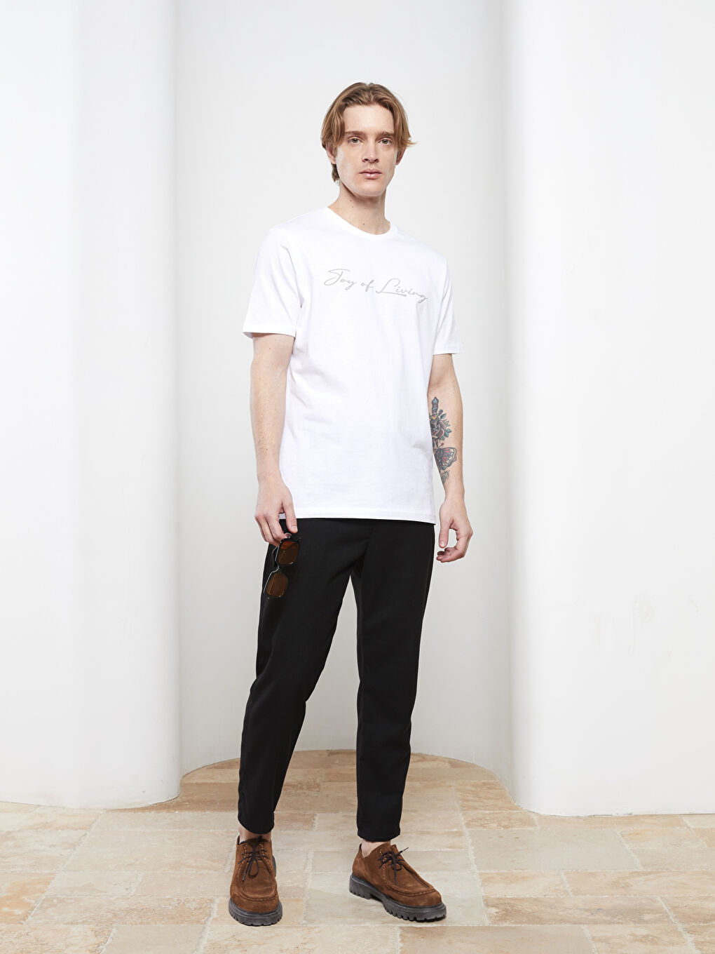 Beyaz Bisiklet Yaka Kısa Kollu Baskılı Penye Erkek Tişört