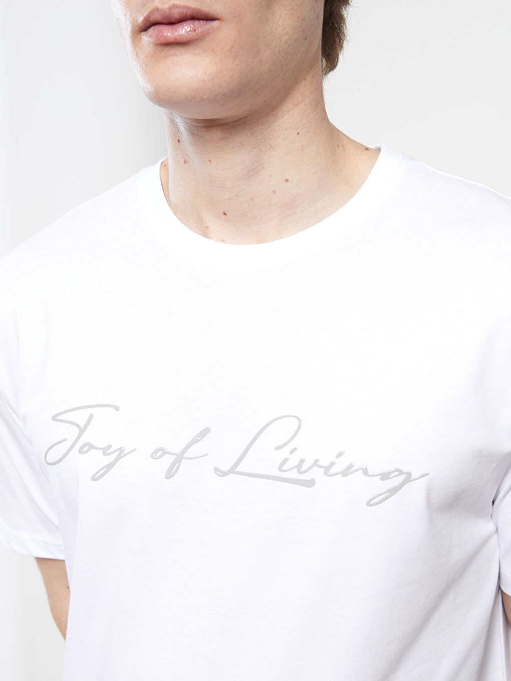 Beyaz Bisiklet Yaka Kısa Kollu Baskılı Penye Erkek Tişört-3