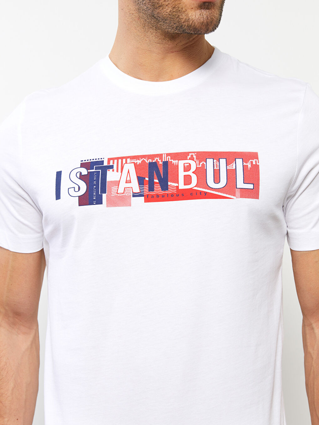 Beyaz Bisiklet Yaka Kısa Kollu İstanbul Baskılı Penye Erkek Tişört-4