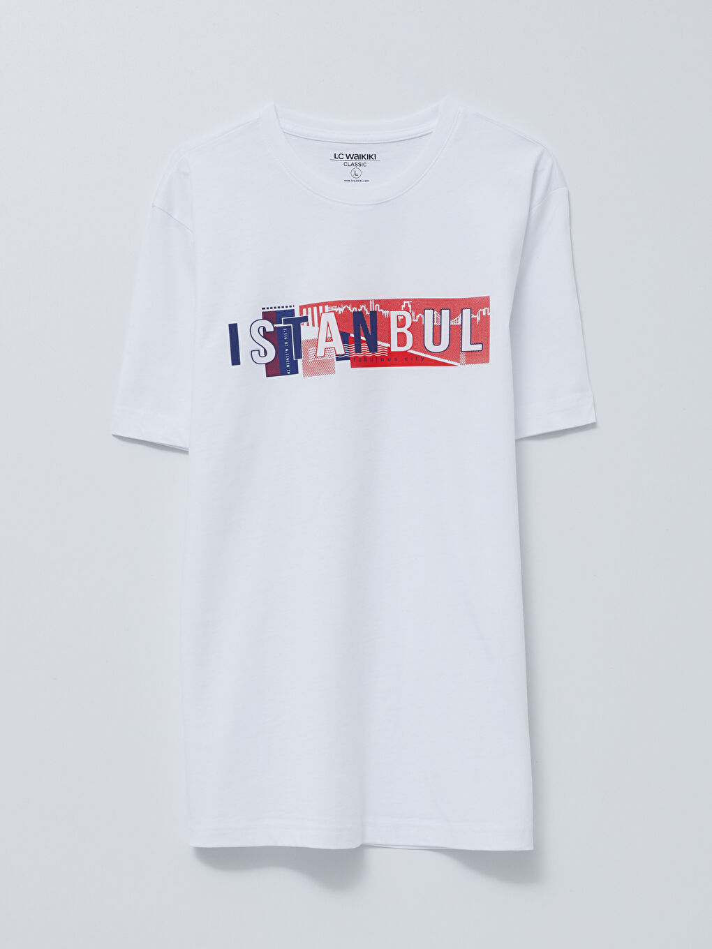 Beyaz Bisiklet Yaka Kısa Kollu İstanbul Baskılı Penye Erkek Tişört-5