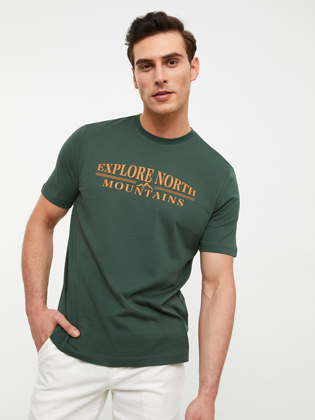 Yeşil Bisiklet Yaka Kısa Kollu Baskılı Penye Erkek Tişört-2
