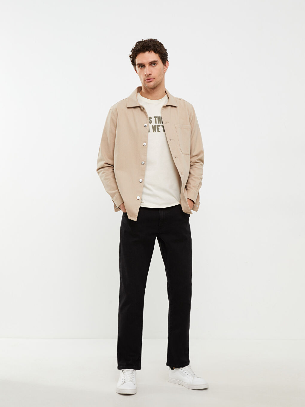 Bej Bisiklet Yaka Kısa Kollu Baskılı Penye Erkek Tişört-1