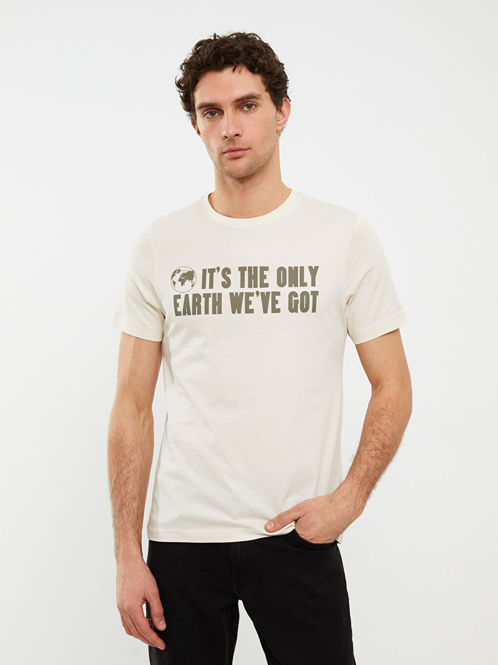 Bej Bisiklet Yaka Kısa Kollu Baskılı Penye Erkek Tişört-2