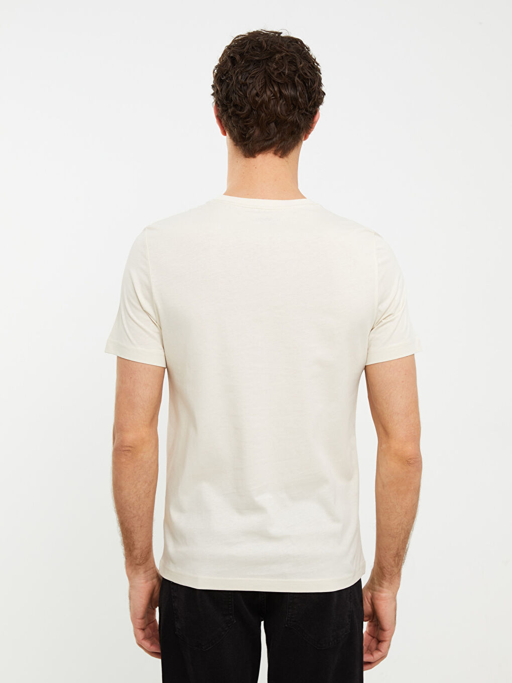 Bej Bisiklet Yaka Kısa Kollu Baskılı Penye Erkek Tişört-3