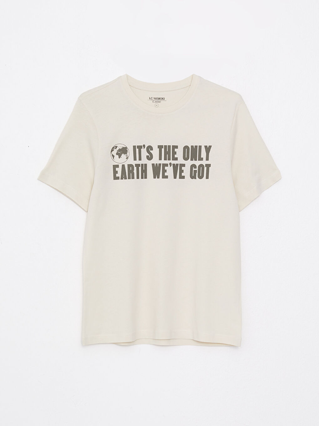 Bej Bisiklet Yaka Kısa Kollu Baskılı Penye Erkek Tişört-4