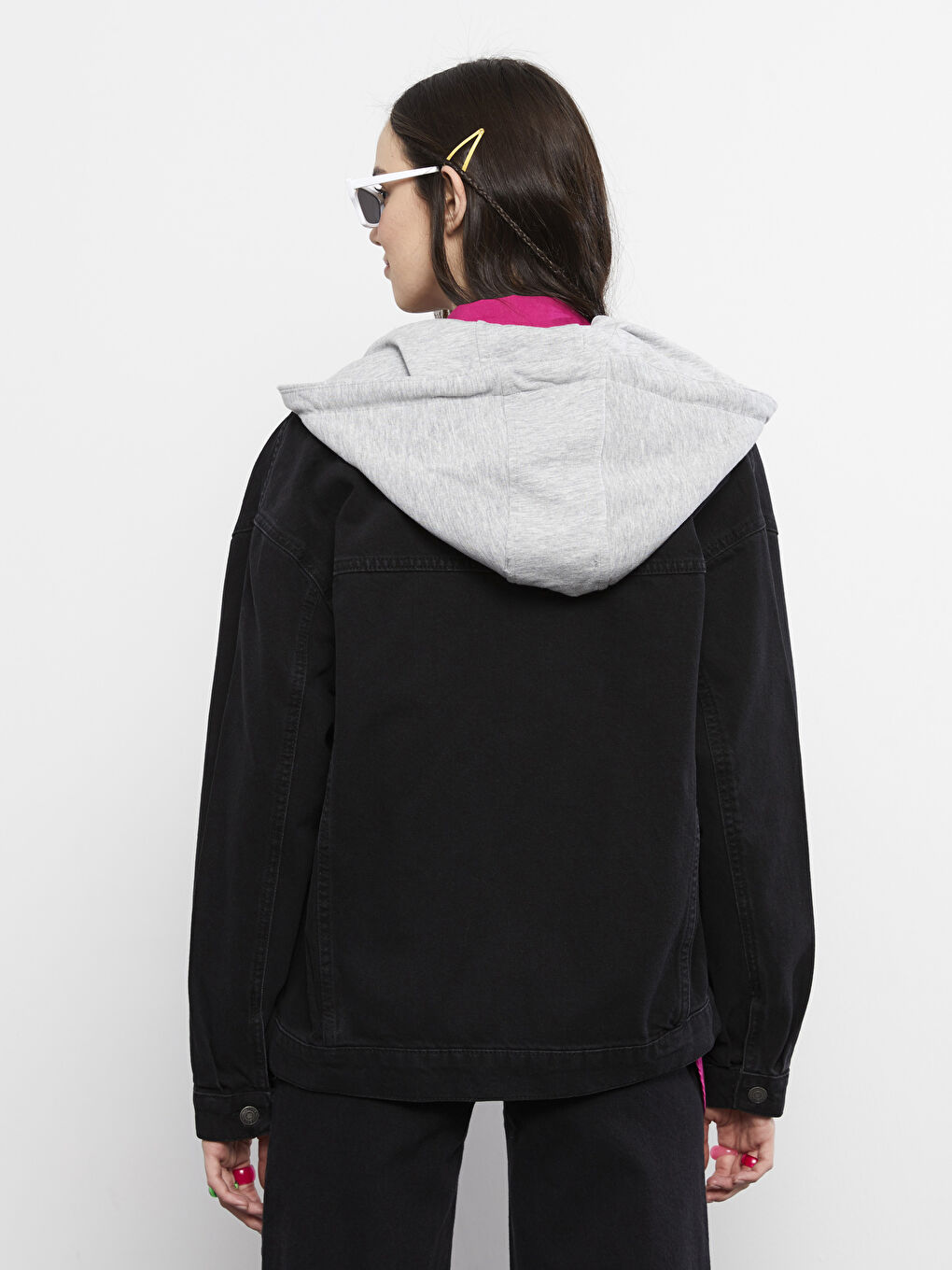 Antrasit Kapüşonlu Düz Cep Detaylı Uzun Kollu Kadın Jean Ceket-5