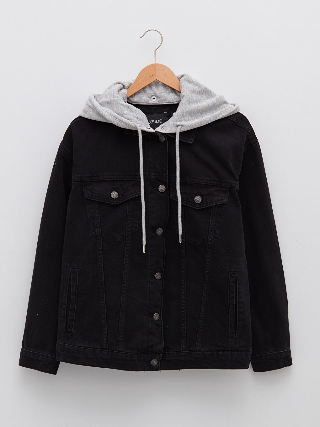 Antrasit Kapüşonlu Düz Cep Detaylı Uzun Kollu Kadın Jean Ceket-6