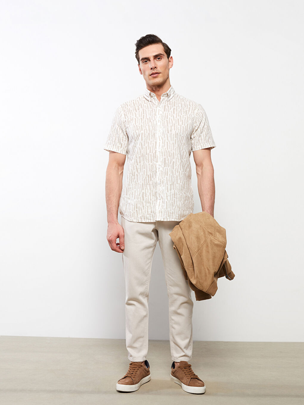 Bej Regular Fit Kısa Kollu Desenli Erkek Gömlek