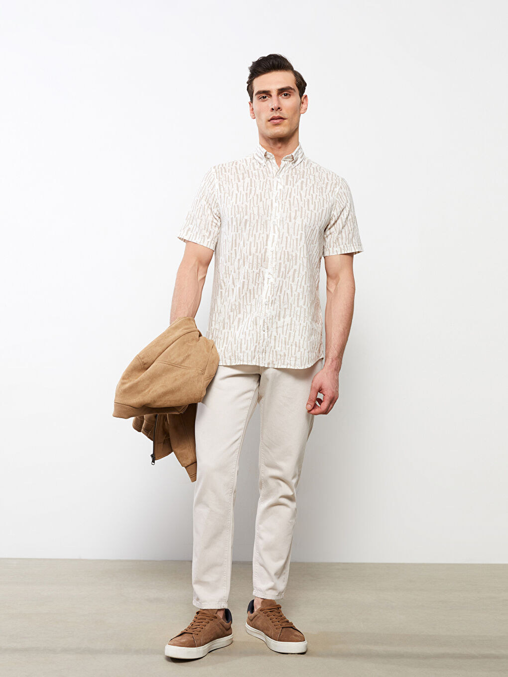 Bej Regular Fit Kısa Kollu Desenli Erkek Gömlek-1