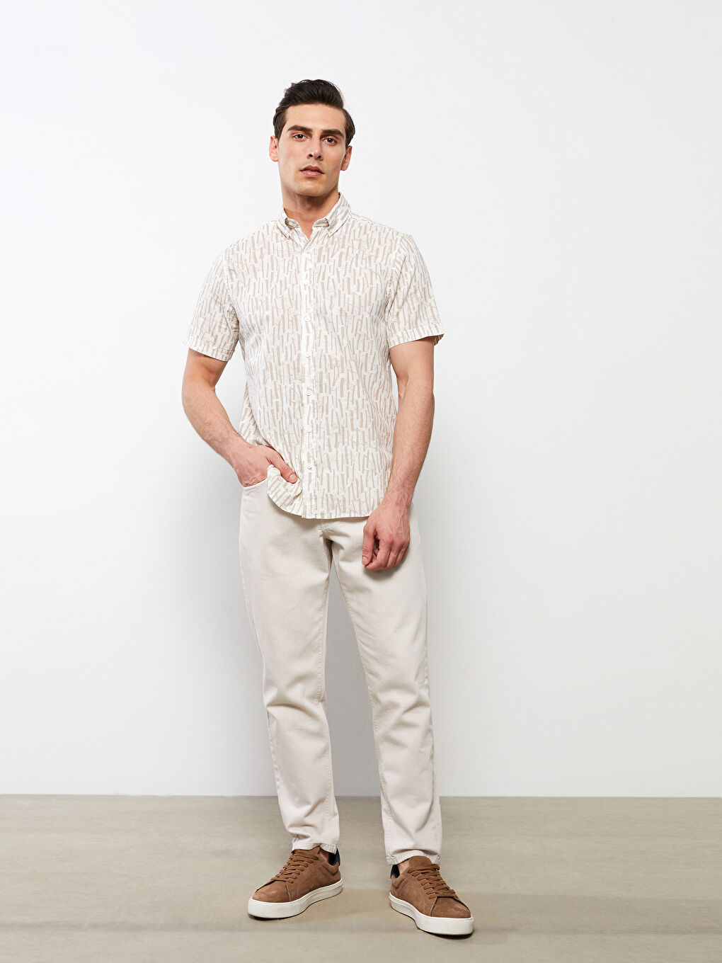 Bej Regular Fit Kısa Kollu Desenli Erkek Gömlek-2