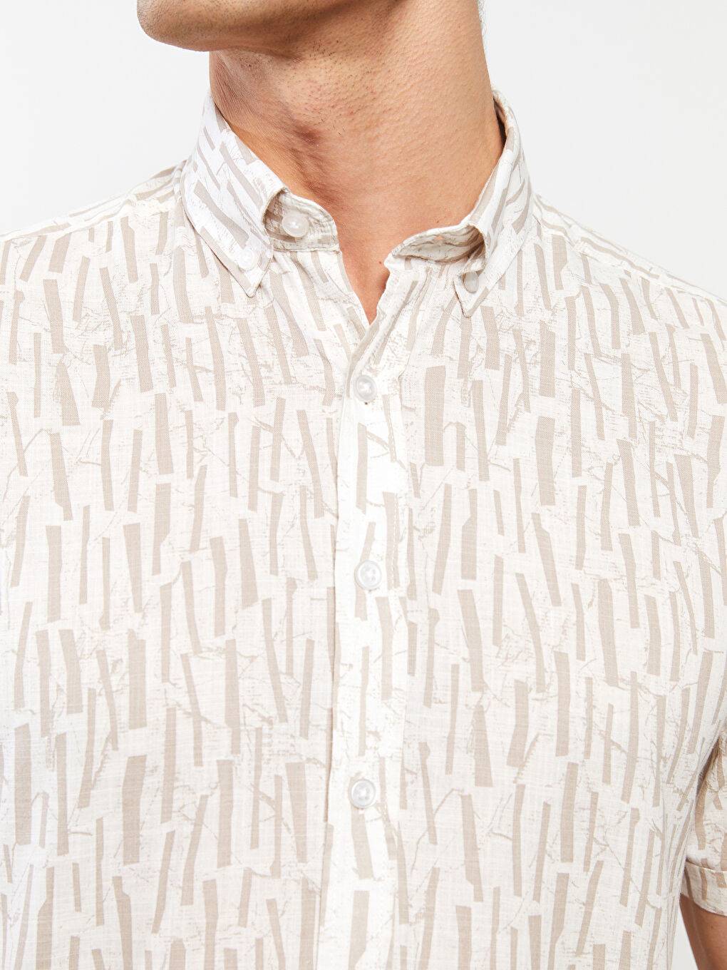 Bej Regular Fit Kısa Kollu Desenli Erkek Gömlek-4