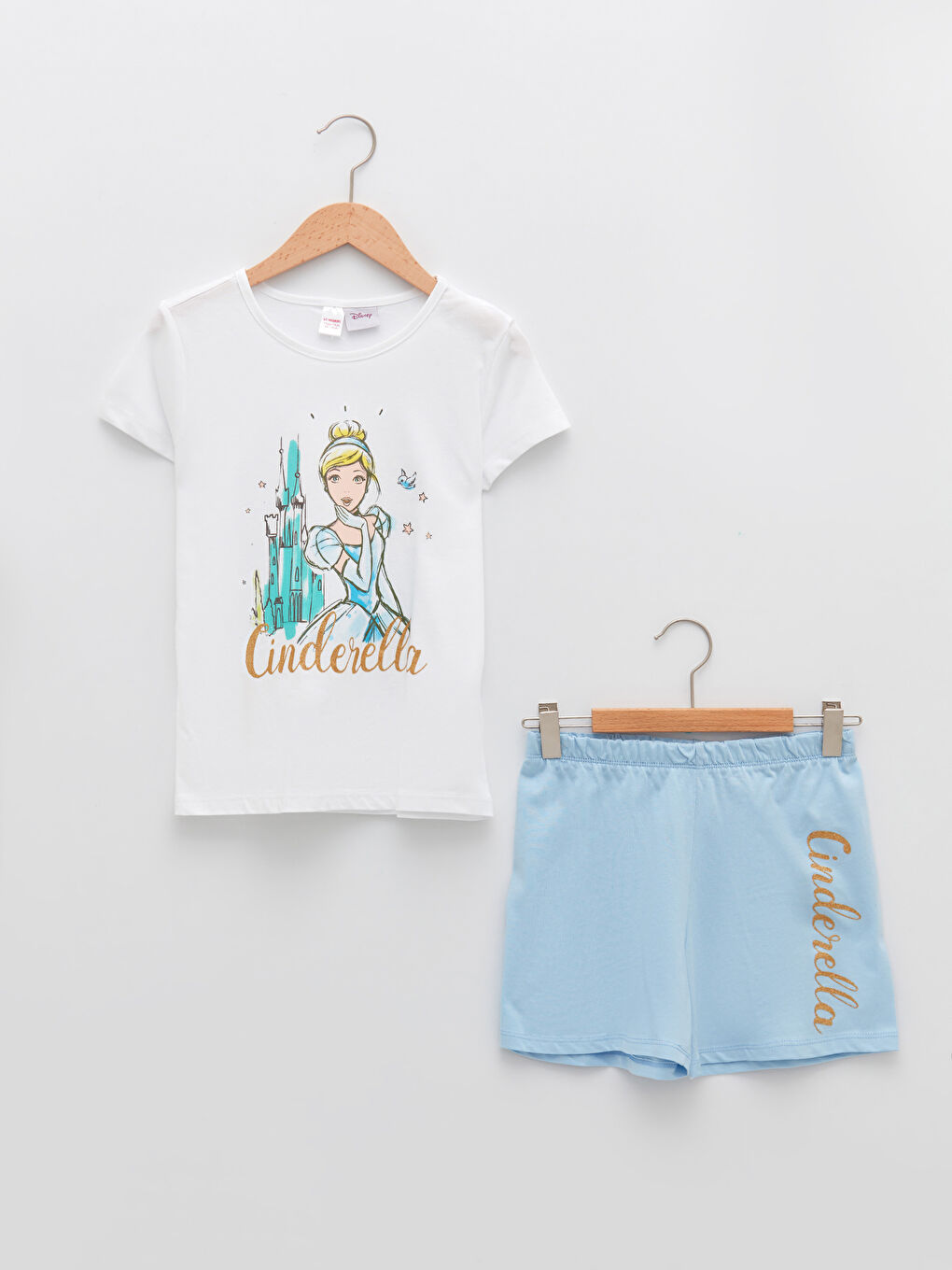 Beyaz Bisiklet Yaka Sindirella Baskılı Kısa Kollu Pamuklu Kız Çocuk Pijama Takımı