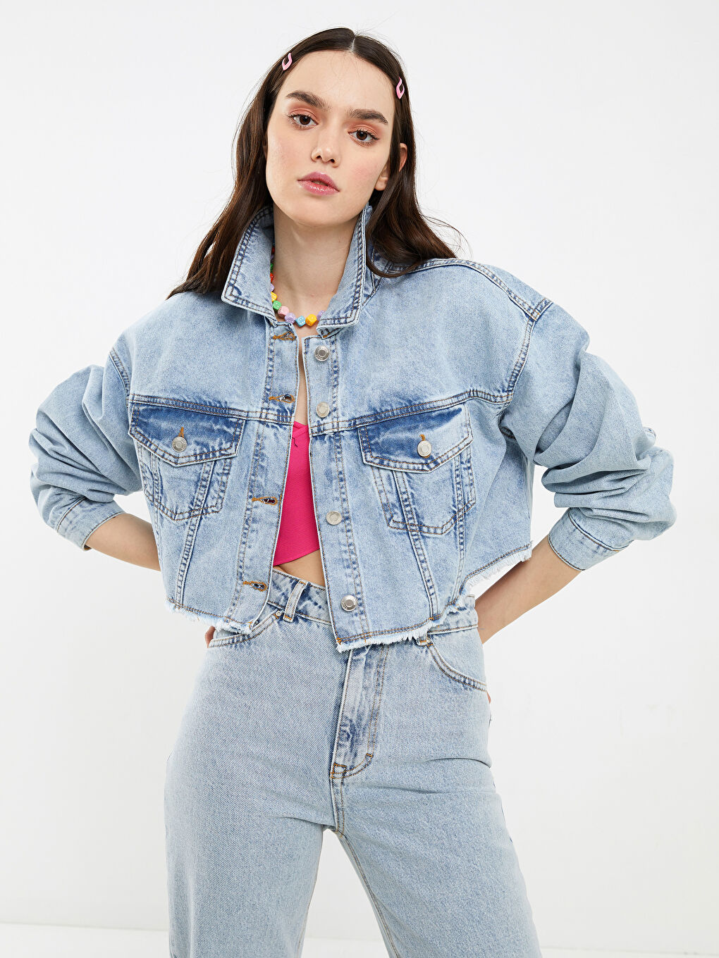 Mavi Gömlek Yaka Crop Kadın Jean Ceket-1