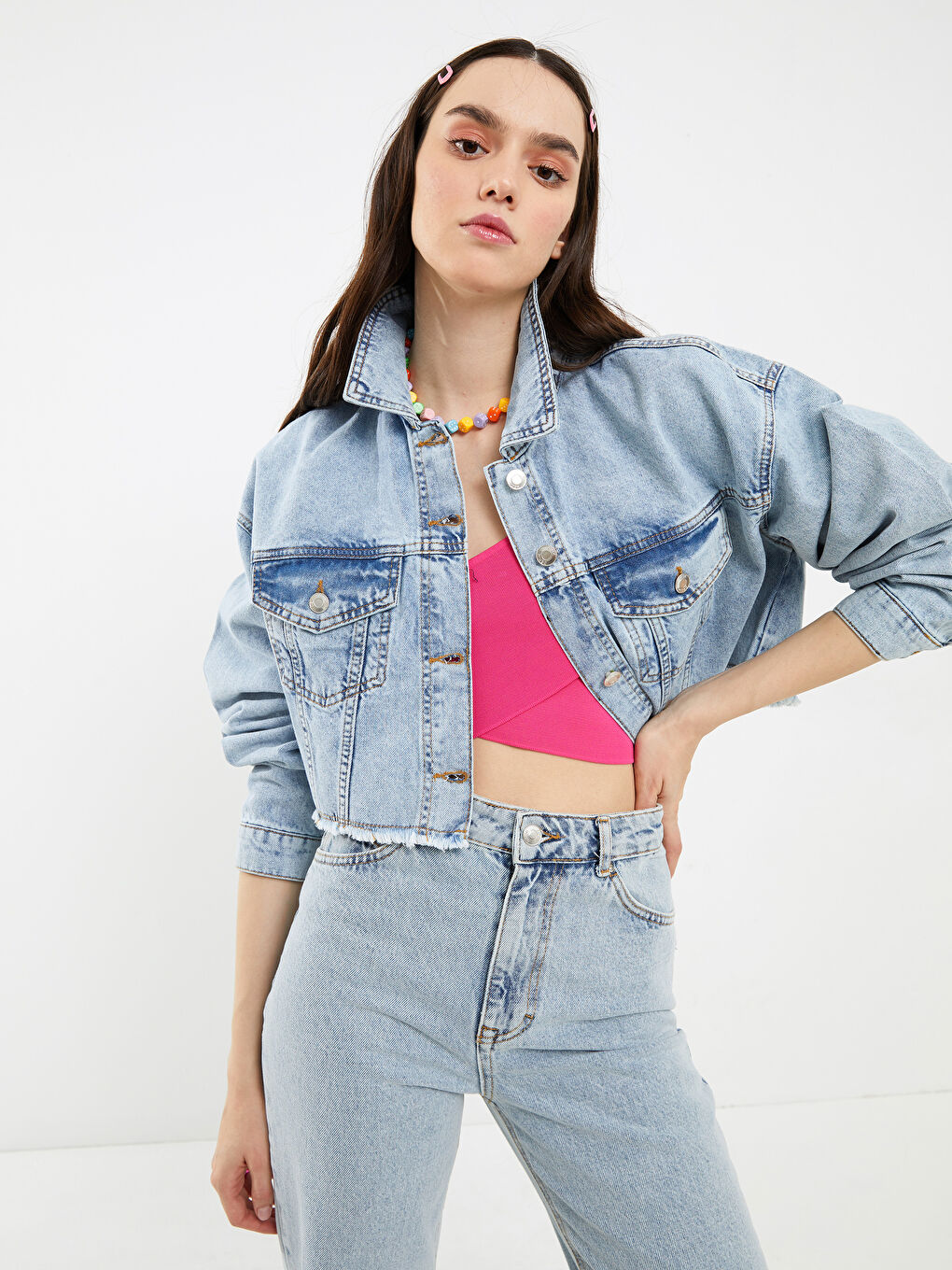 Mavi Gömlek Yaka Crop Kadın Jean Ceket-2