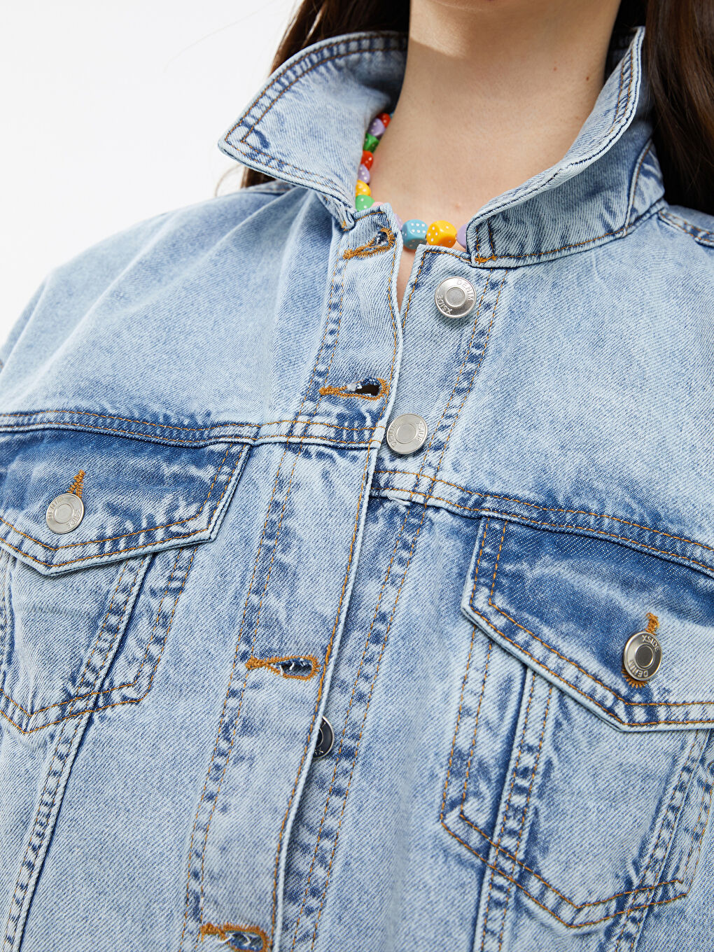 Mavi Gömlek Yaka Crop Kadın Jean Ceket-3