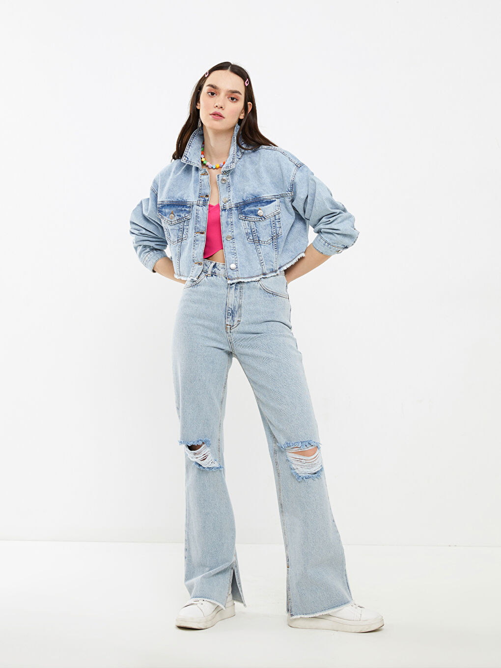 Mavi Gömlek Yaka Crop Kadın Jean Ceket-4