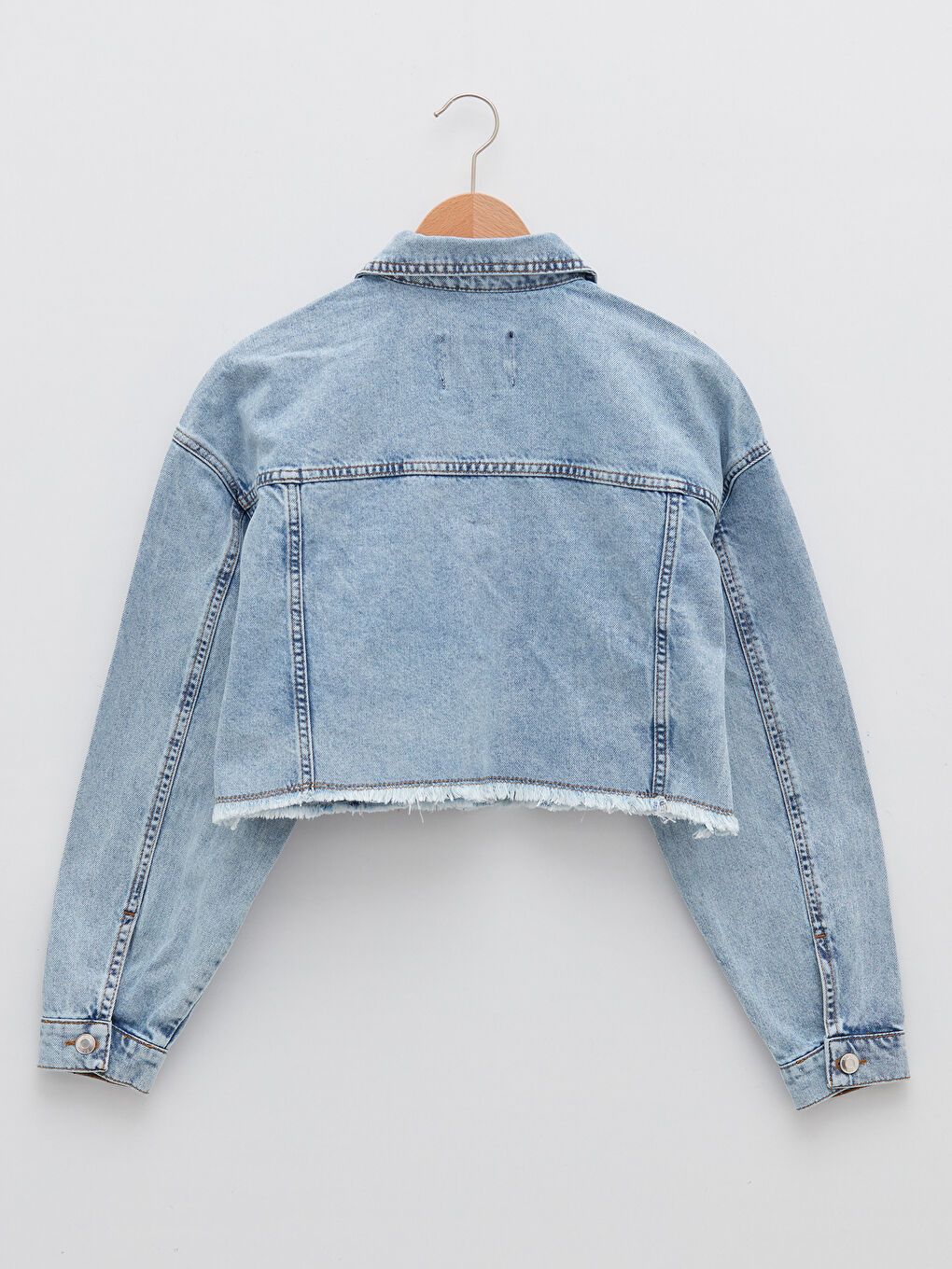 Mavi Gömlek Yaka Crop Kadın Jean Ceket-6