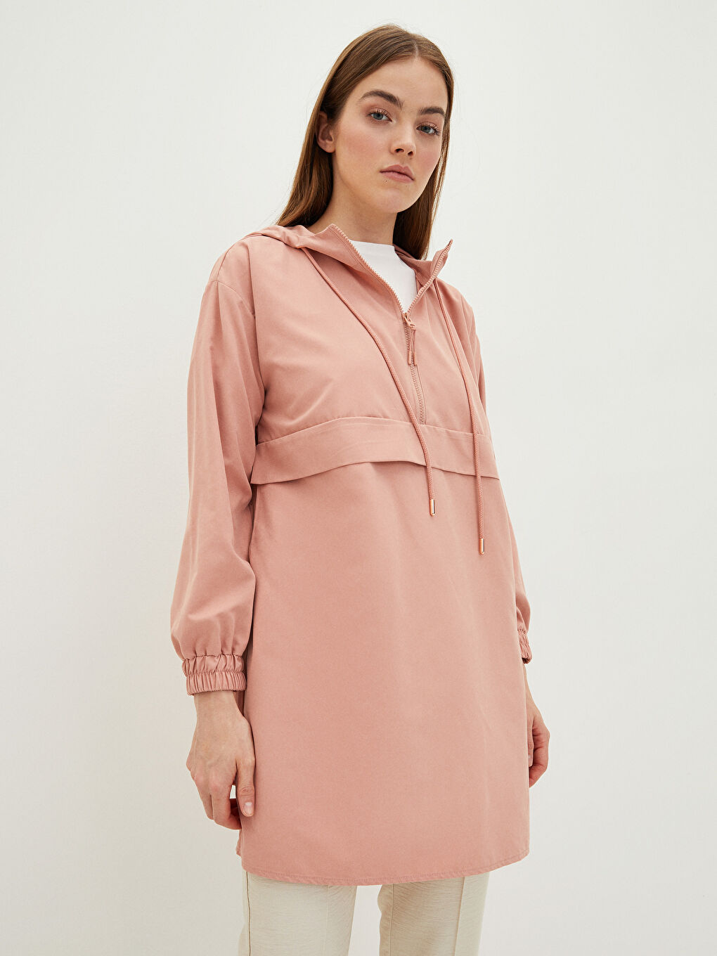 Pembe Kapüşonlu Düz Uzun Kollu Kadın Tunik
