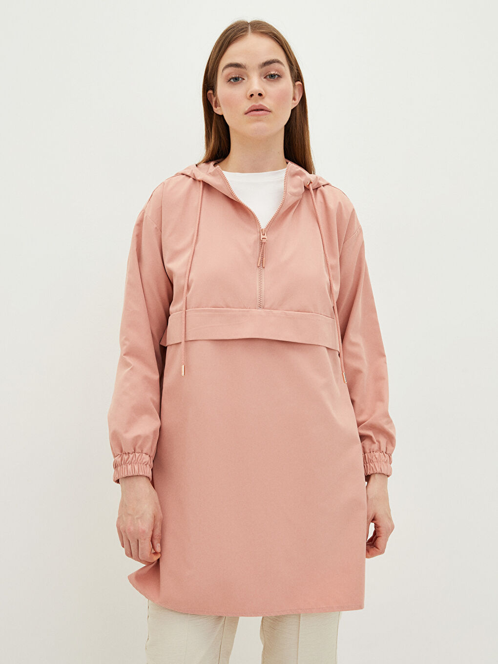 Pembe Kapüşonlu Düz Uzun Kollu Kadın Tunik-1