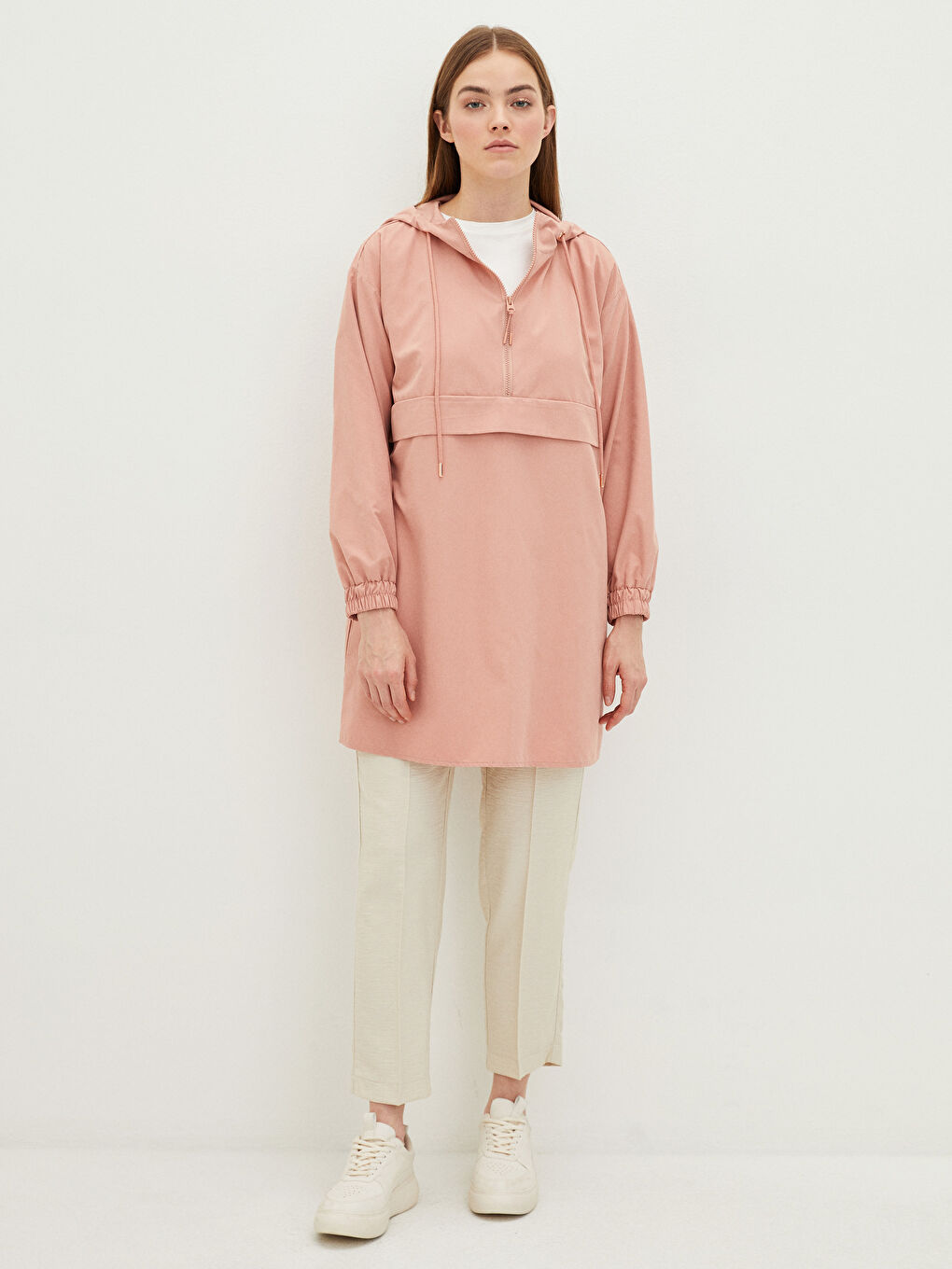 Pembe Kapüşonlu Düz Uzun Kollu Kadın Tunik-2