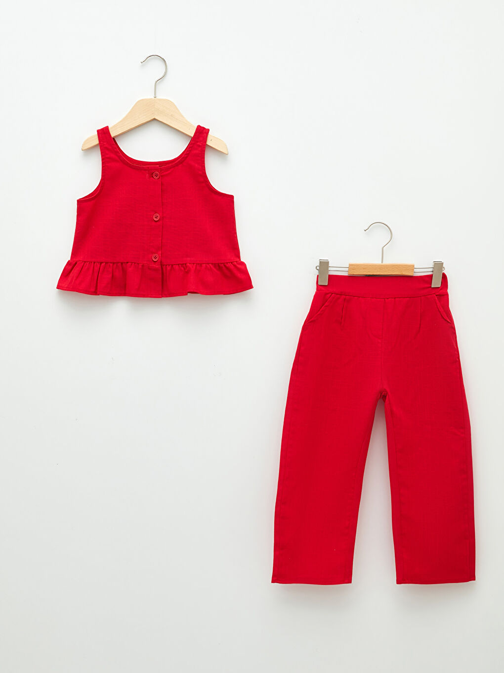 Kırmızı Bisiklet Yaka Askılı Kız Bebek Bluz ve Pantolon 2'li Takım