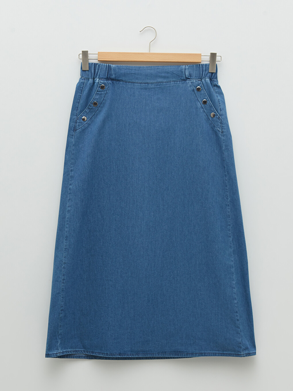 Mavi Kadın Beli Lastikli Düz Jean Etek-5