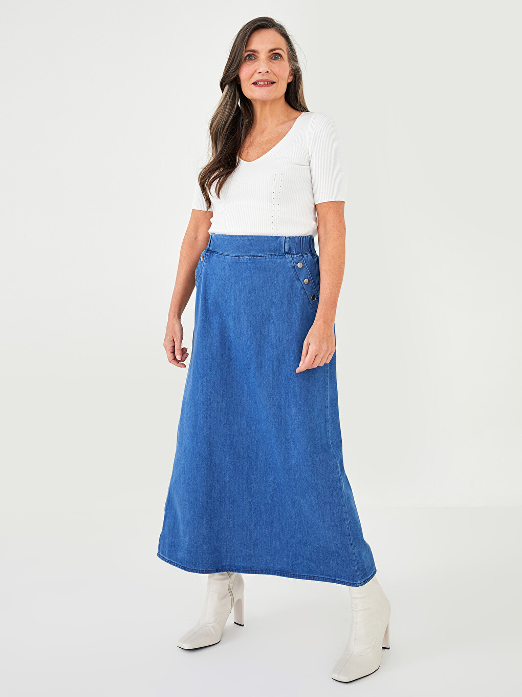 Mavi Kadın Beli Lastikli Düz Jean Etek-1