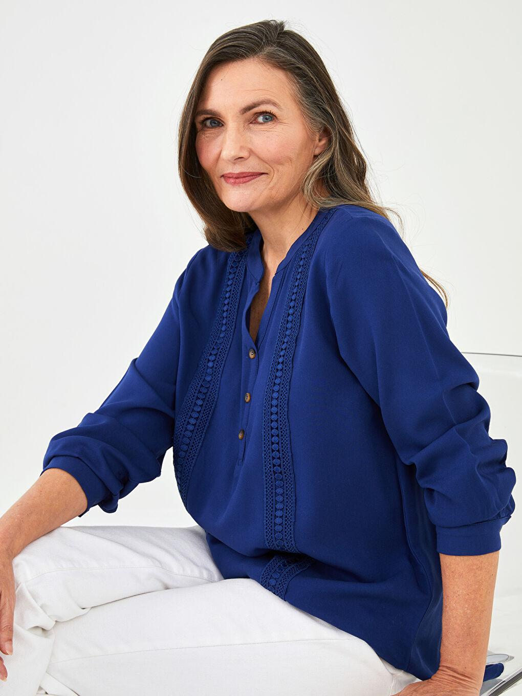 Henley Neckline Embroidered Long Sleeve Viscose Women's Blouse