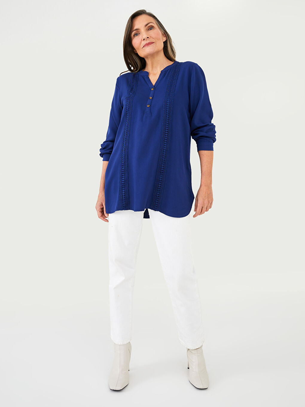 Henley Neckline Embroidered Long Sleeve Viscose Women's Blouse-1